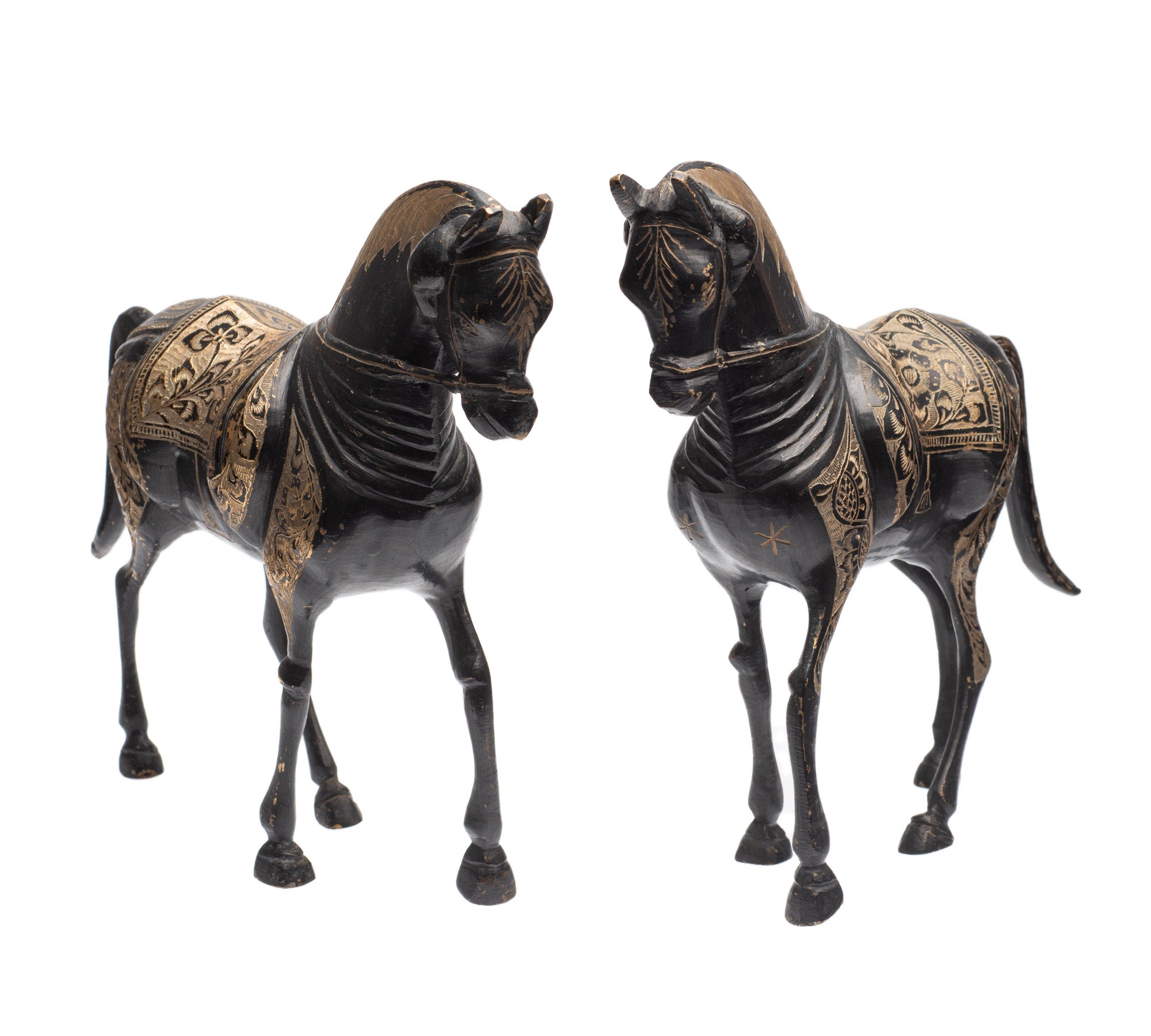 Pair Vintage/Antique Indo-Persian Cast Brass & Etched Arabian Horse Models (Code 2378)