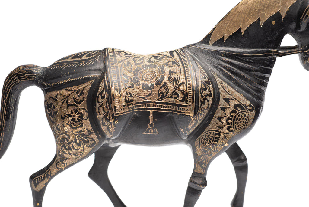 Pair Vintage/Antique Indo-Persian Cast Brass & Etched Arabian Horse Models (Code 2378)
