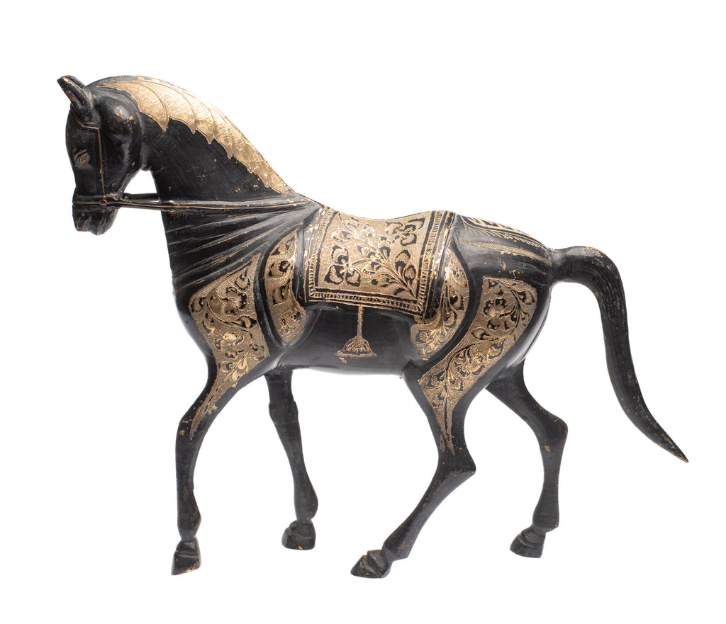 Pair Vintage/Antique Indo-Persian Cast Brass & Etched Arabian Horse Models (Code 2378)