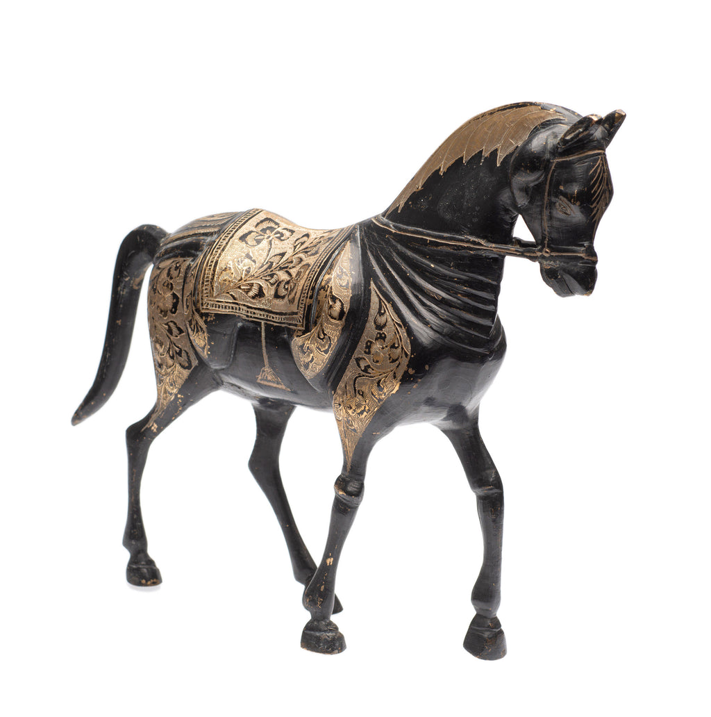 Pair Vintage/Antique Indo-Persian Cast Brass & Etched Arabian Horse Models (Code 2378)