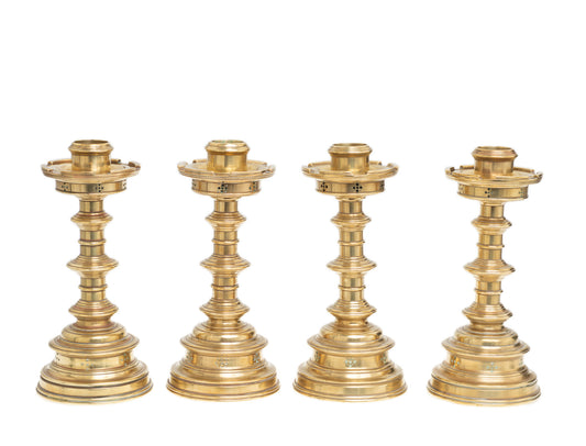 Set of 4 Antique Brass Candlesticks Victorian Gothic Lathe Turned & Castellated (Code 2413)