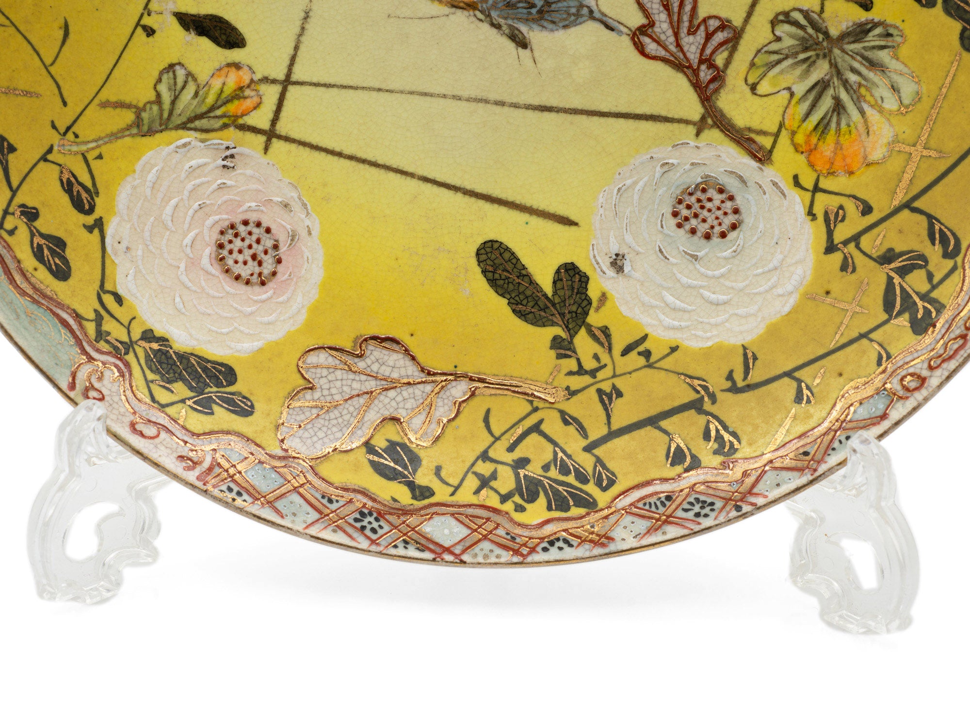 Antique Meiji Satsuma Pottery Charger with Yellow Ground Kyoto Region c1910 (Code 2455)