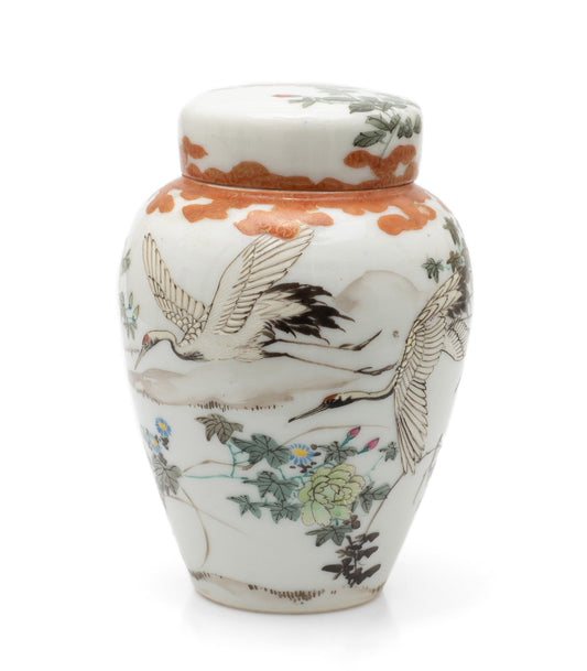 Antique Japanese Kutani Porcelain Flying Cranes Jar with Lid & Floral Designs (Code 2460)