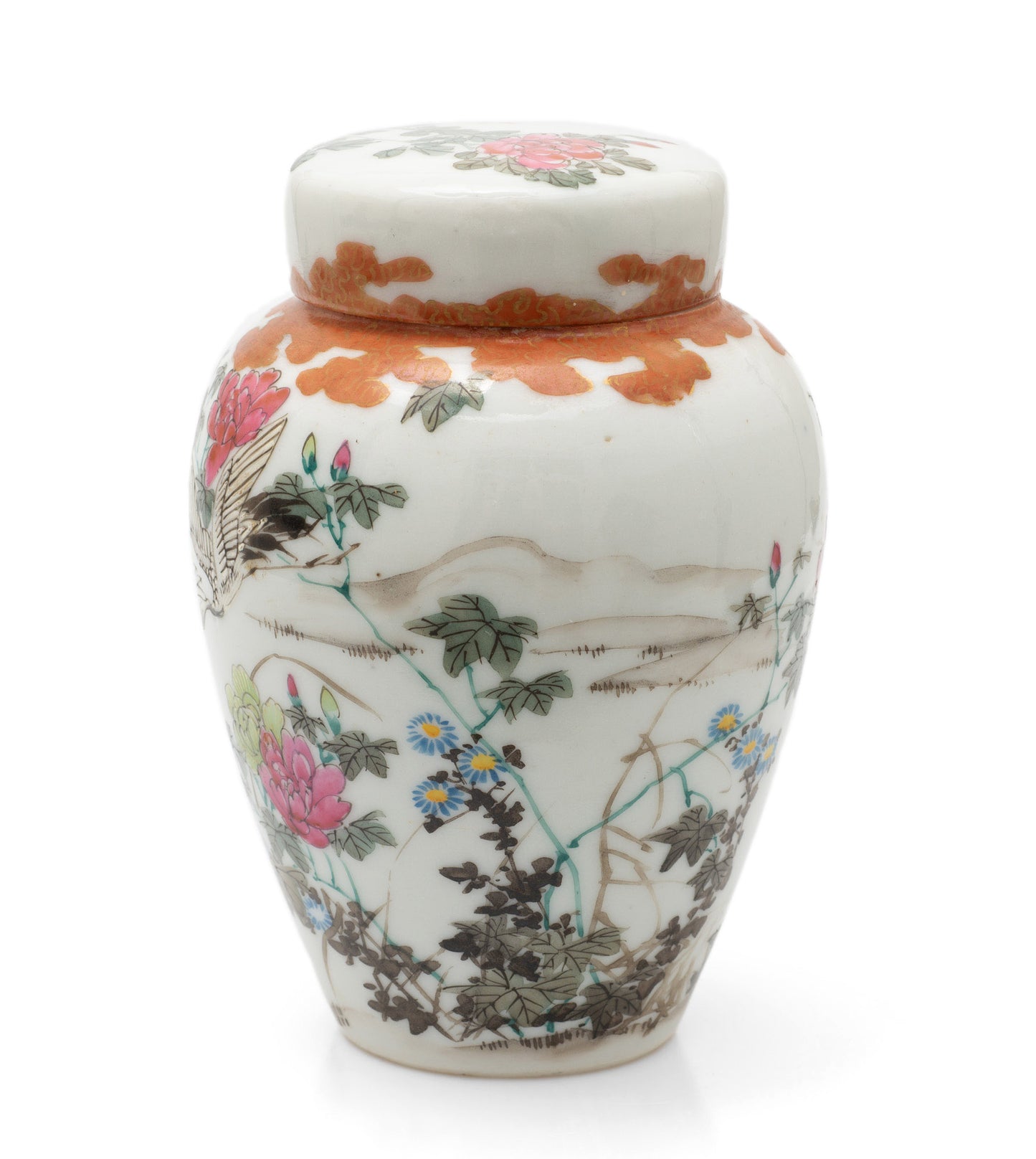 Antique Japanese Kutani Porcelain Flying Cranes Jar with Lid & Floral Designs (Code 2460)