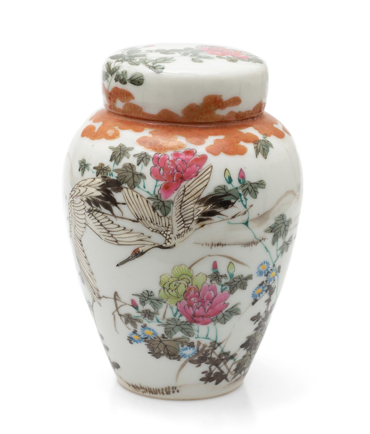 Antique Japanese Kutani Porcelain Flying Cranes Jar with Lid & Floral Designs (Code 2460)