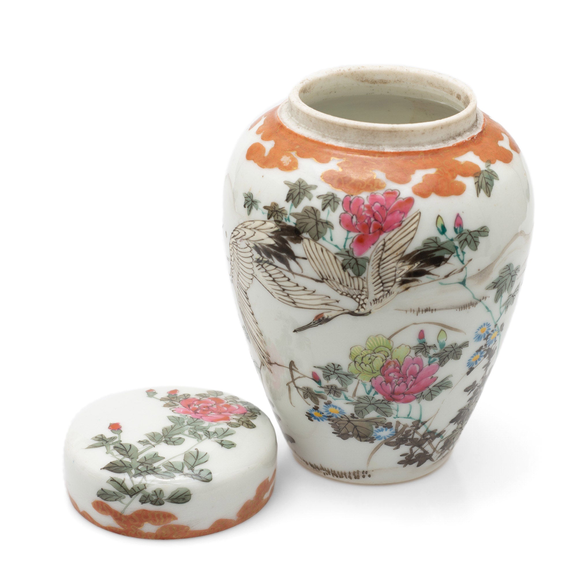 Antique Japanese Kutani Porcelain Flying Cranes Jar with Lid & Floral Designs (Code 2460)