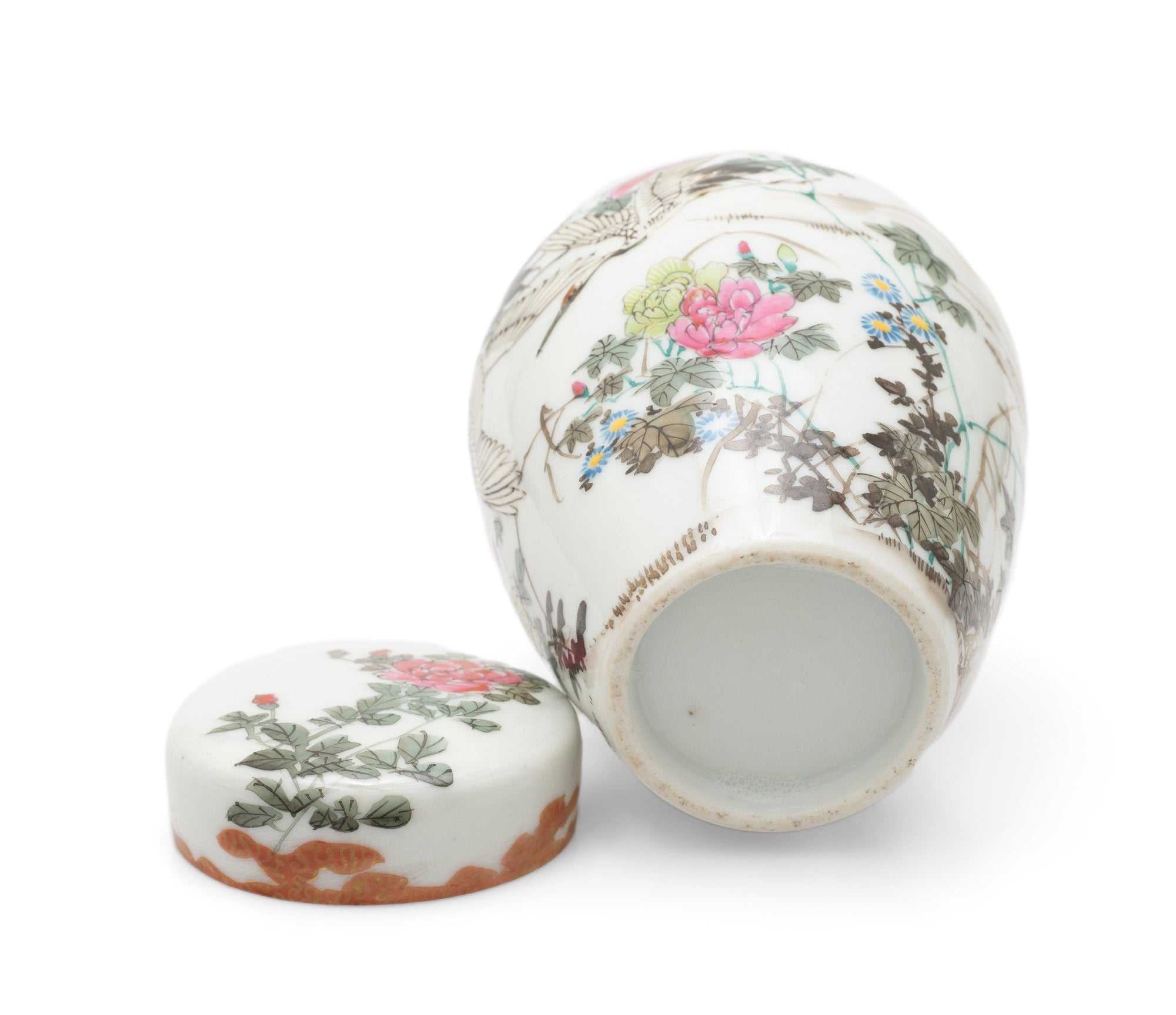 Antique Japanese Kutani Porcelain Flying Cranes Jar with Lid & Floral Designs (Code 2460)