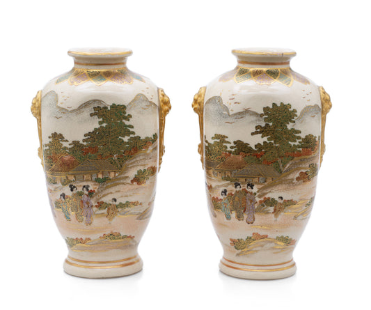 Pair Antique Satsuma Ware Pottery Vases by Hakusan - Japanese Meiji c1880 (Code 2473)