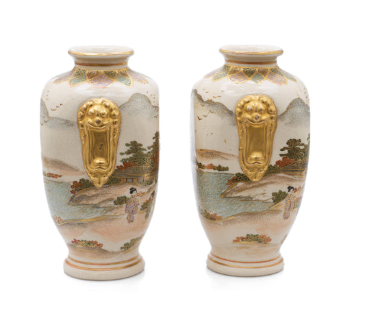 Pair Antique Satsuma Ware Pottery Vases by Hakusan - Japanese Meiji c1880 (Code 2473)