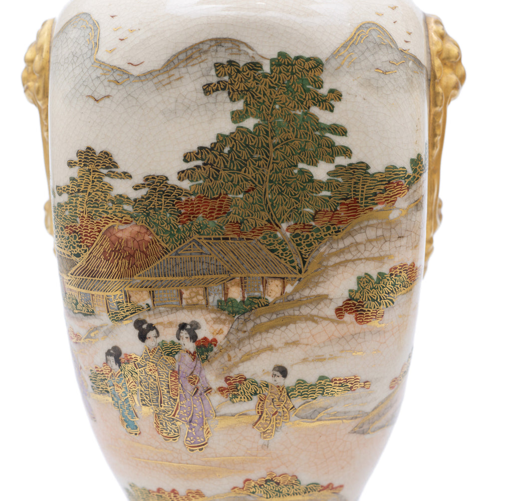 Pair Antique Satsuma Ware Pottery Vases by Hakusan - Japanese Meiji c1880 (Code 2473)
