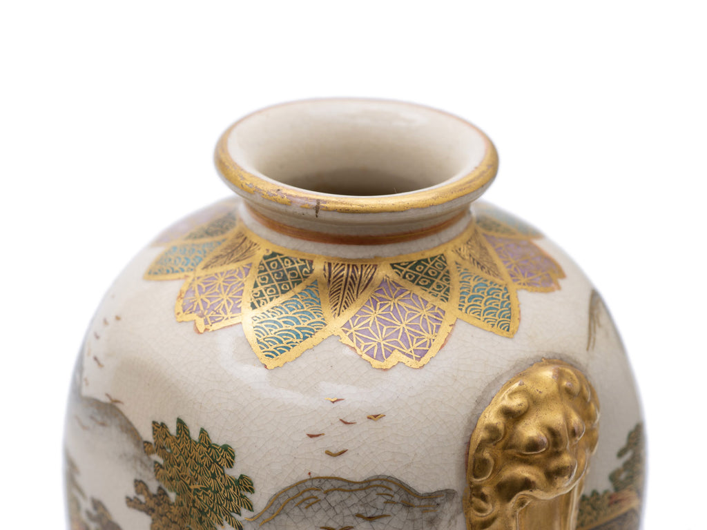 Pair Antique Satsuma Ware Pottery Vases by Hakusan - Japanese Meiji c1880 (Code 2473)
