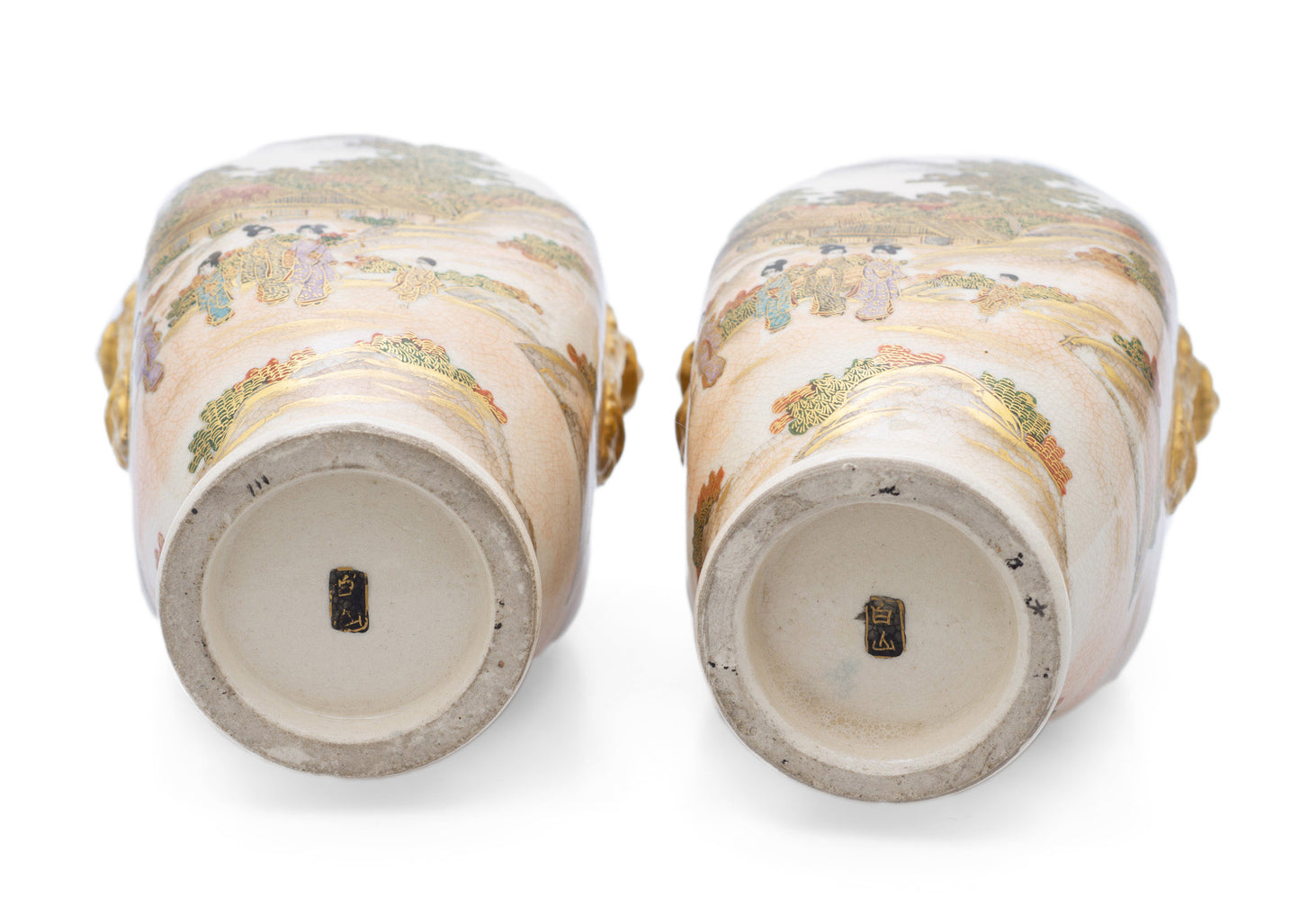Pair Antique Satsuma Ware Pottery Vases by Hakusan - Japanese Meiji c1880 (Code 2473)
