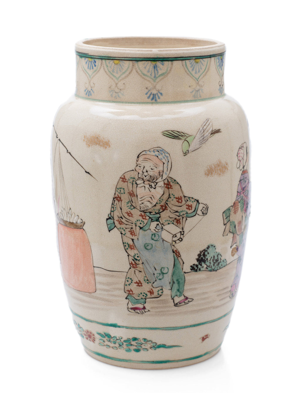 Japanese Satsuma Ware Vase with Large Female Characters & Birds by Yasuda (Code 2488)