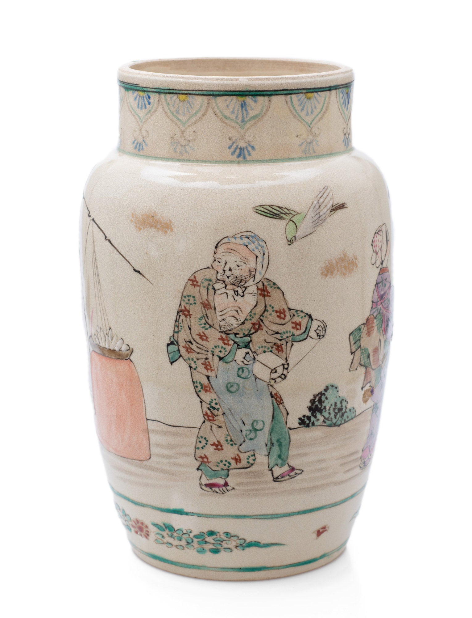 Japanese Satsuma Ware Vase with Large Female Characters & Birds by Yasuda (Code 2488)