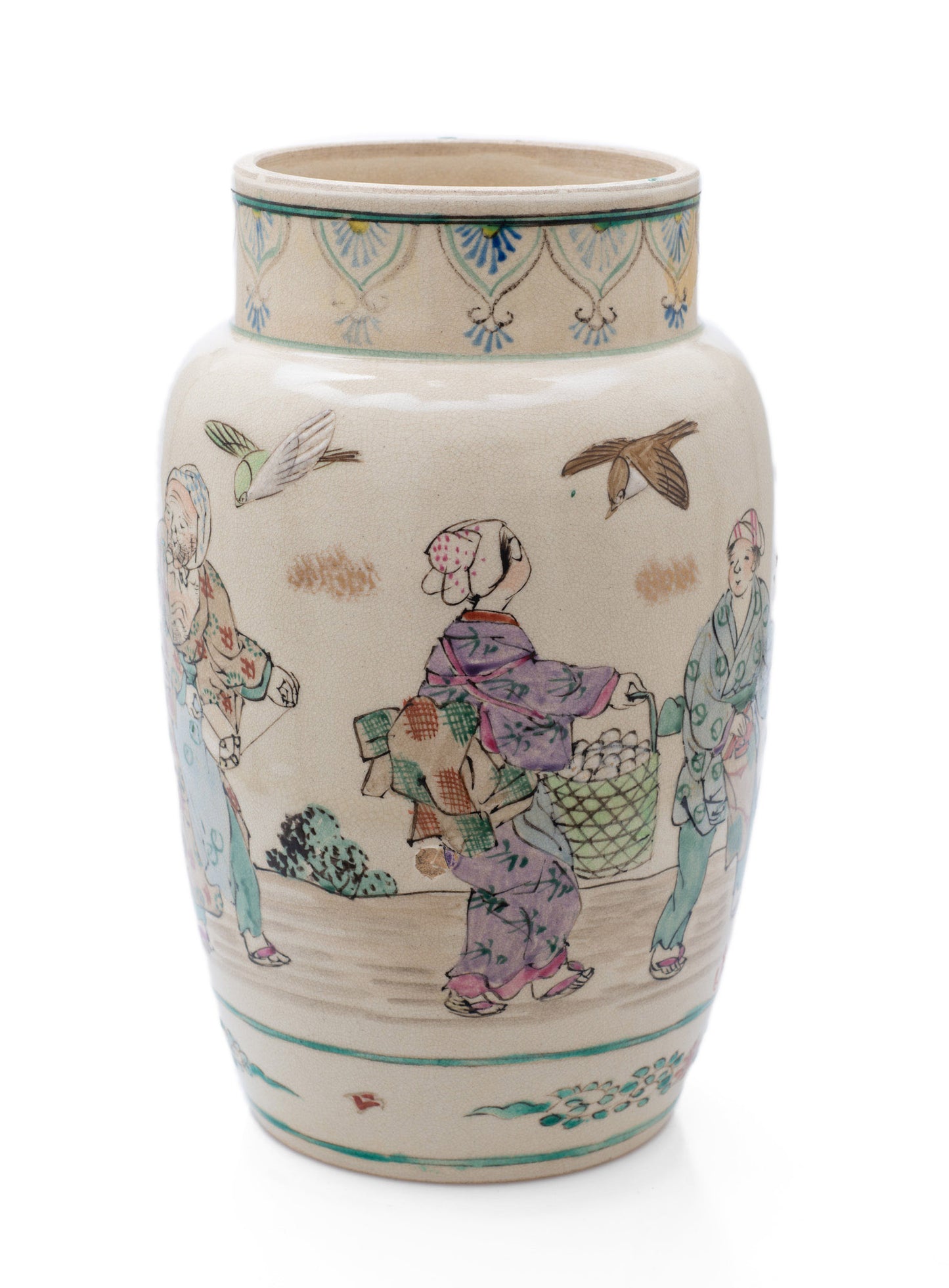 Japanese Satsuma Ware Vase with Large Female Characters & Birds by Yasuda (Code 2488)