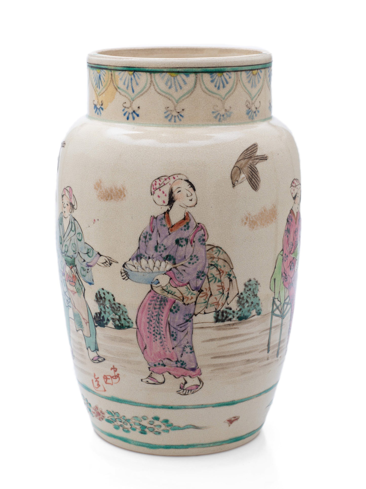 Japanese Satsuma Ware Vase with Large Female Characters & Birds by Yasuda (Code 2488)