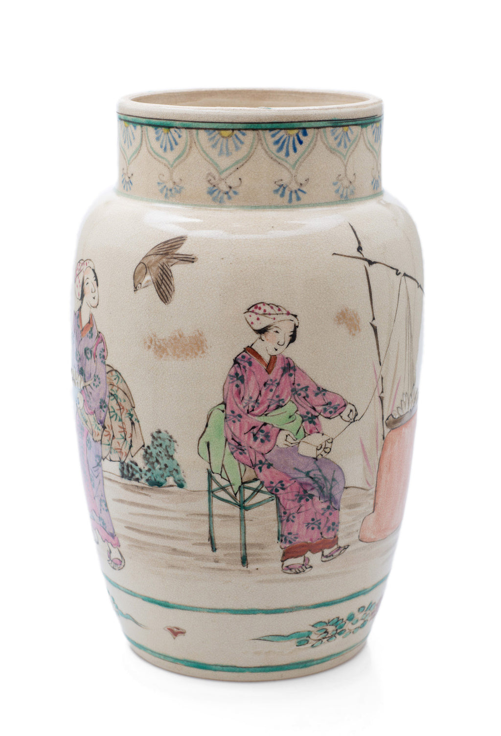 Japanese Satsuma Ware Vase with Large Female Characters & Birds by Yasuda (Code 2488)