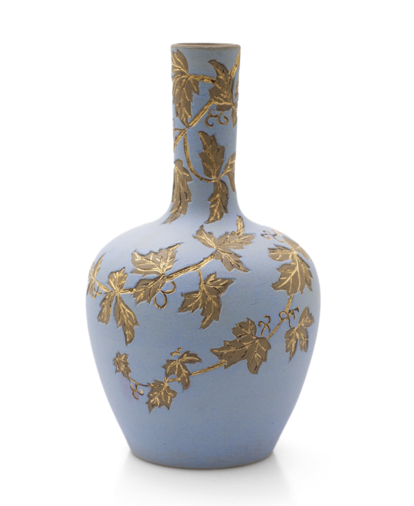 Antique Calvert & Lovatt Langley Ware Sgraffito Blue Stoneware Vase with Leaves (Code 2486)