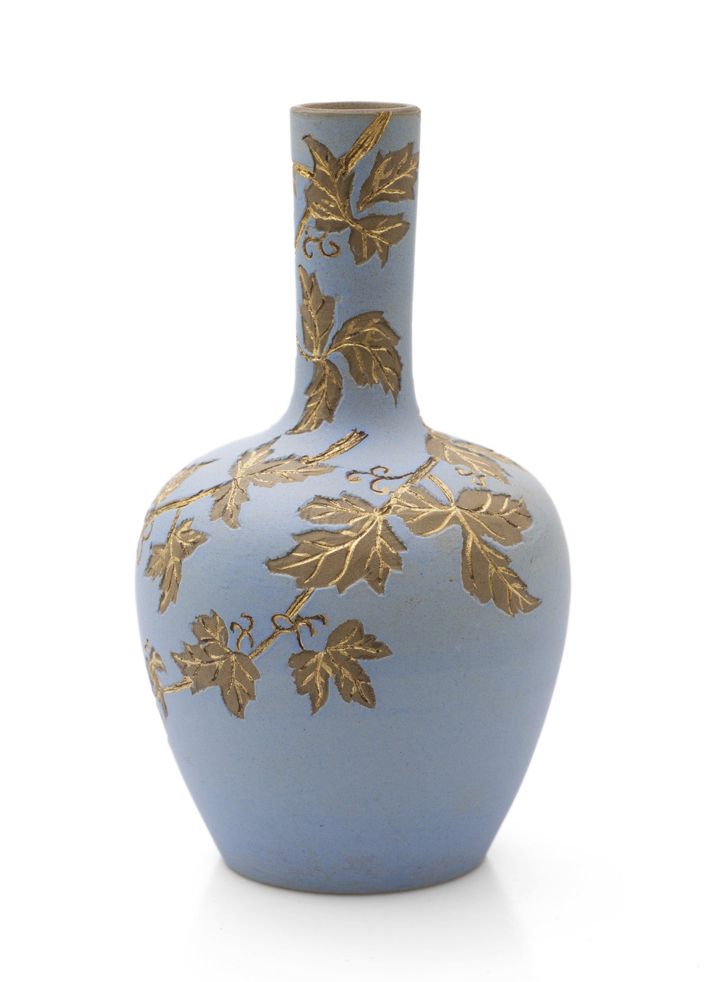 Antique Calvert & Lovatt Langley Ware Sgraffito Blue Stoneware Vase with Leaves (Code 2486)