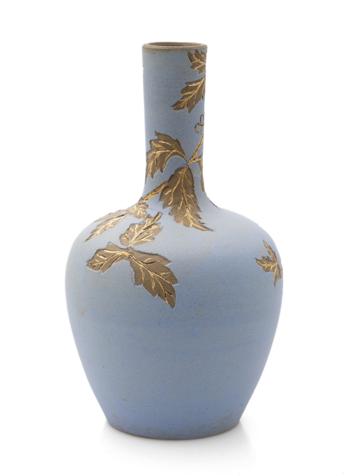 Antique Calvert & Lovatt Langley Ware Sgraffito Blue Stoneware Vase with Leaves (Code 2486)