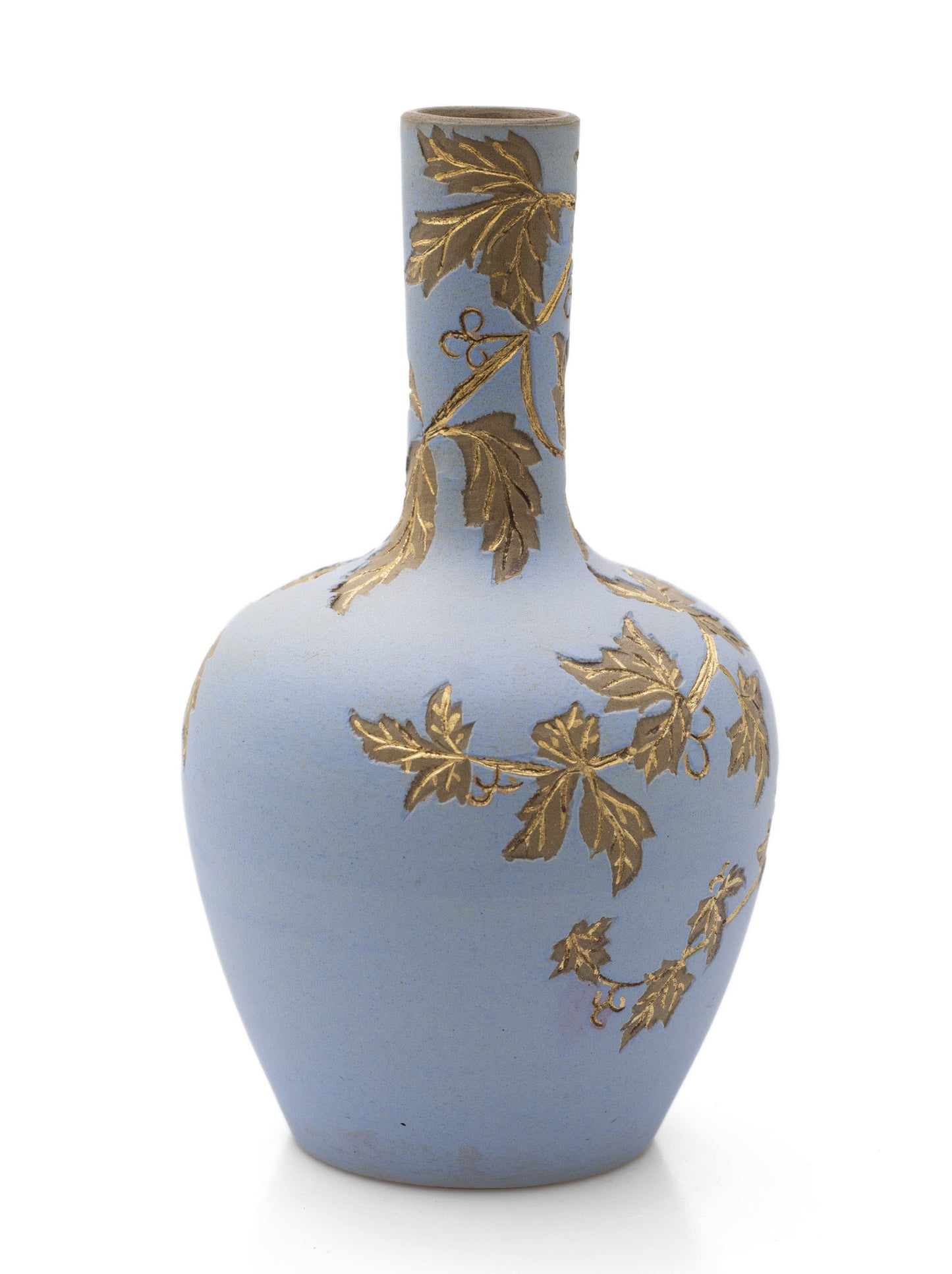 Antique Calvert & Lovatt Langley Ware Sgraffito Blue Stoneware Vase with Leaves (Code 2486)
