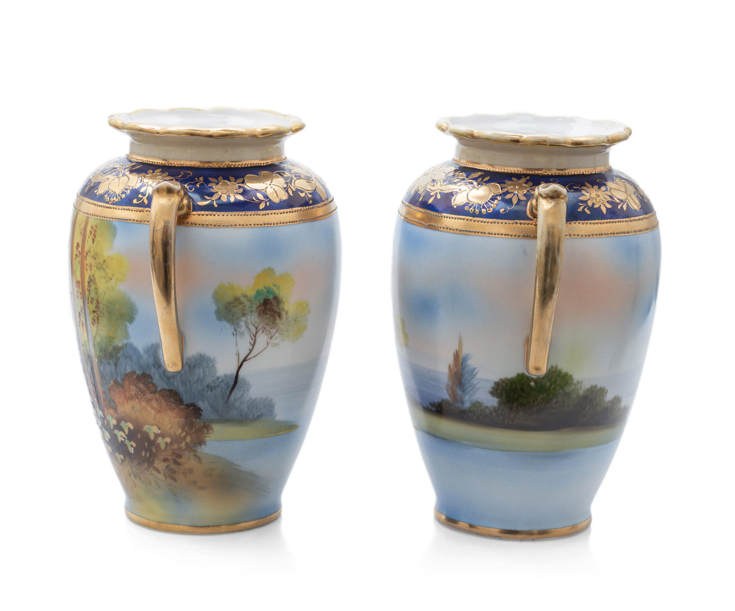 Pair Antique Noritake Porcelain Landscape/Seascape Vases with Twin Handles (Code 2490)