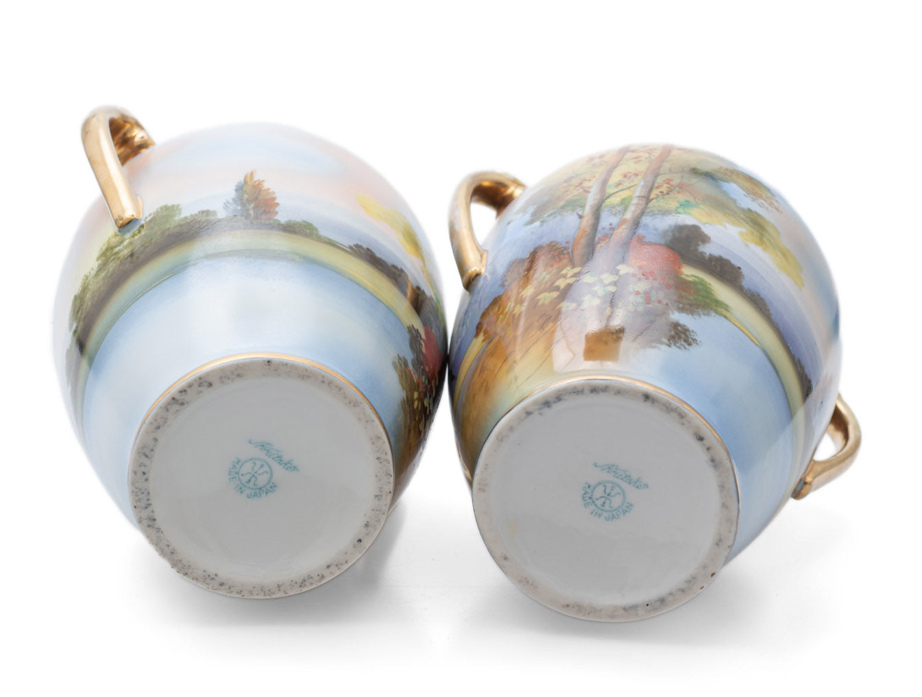 Pair Antique Noritake Porcelain Landscape/Seascape Vases with Twin Handles (Code 2490)
