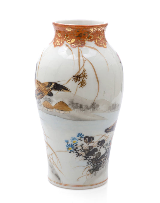 Antique Japanese Kutani Ware Porcelain Vase with Geese & Waterside Scene c1910 (Code 2491)