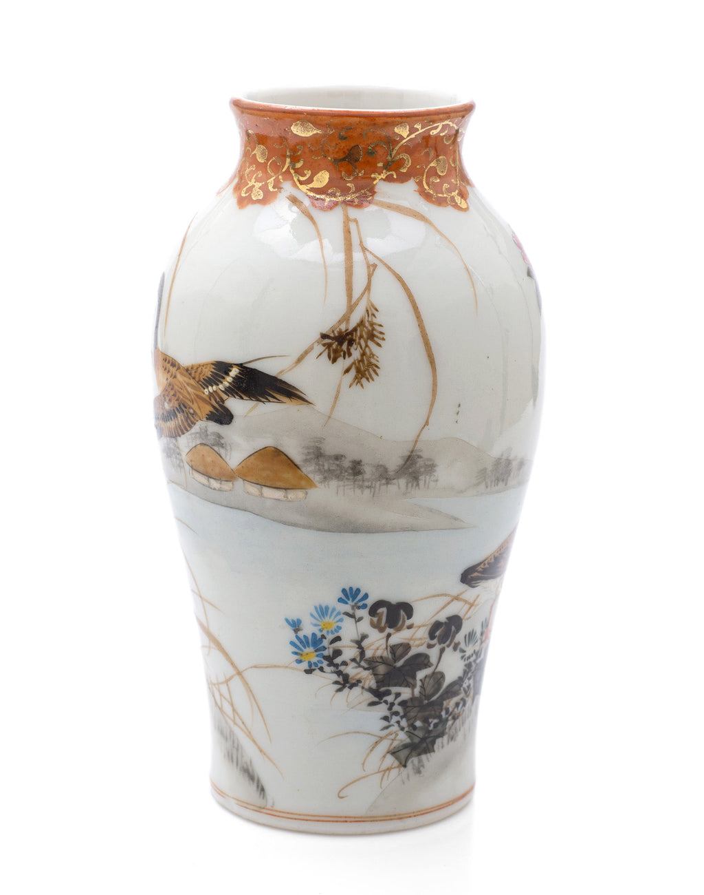 Antique Japanese Kutani Ware Porcelain Vase with Geese & Waterside Scene c1910 (Code 2491)