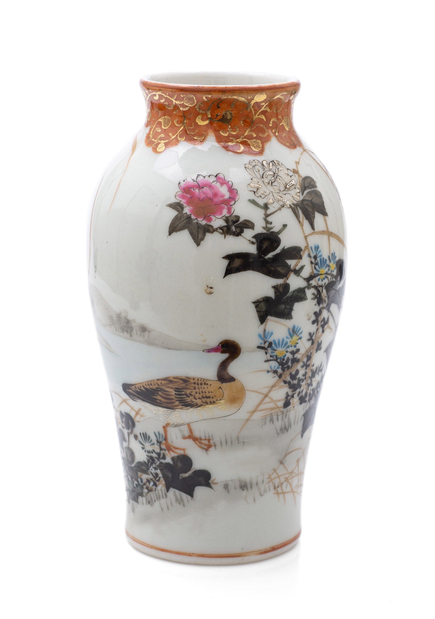 Antique Japanese Kutani Ware Porcelain Vase with Geese & Waterside Scene c1910 (Code 2491)