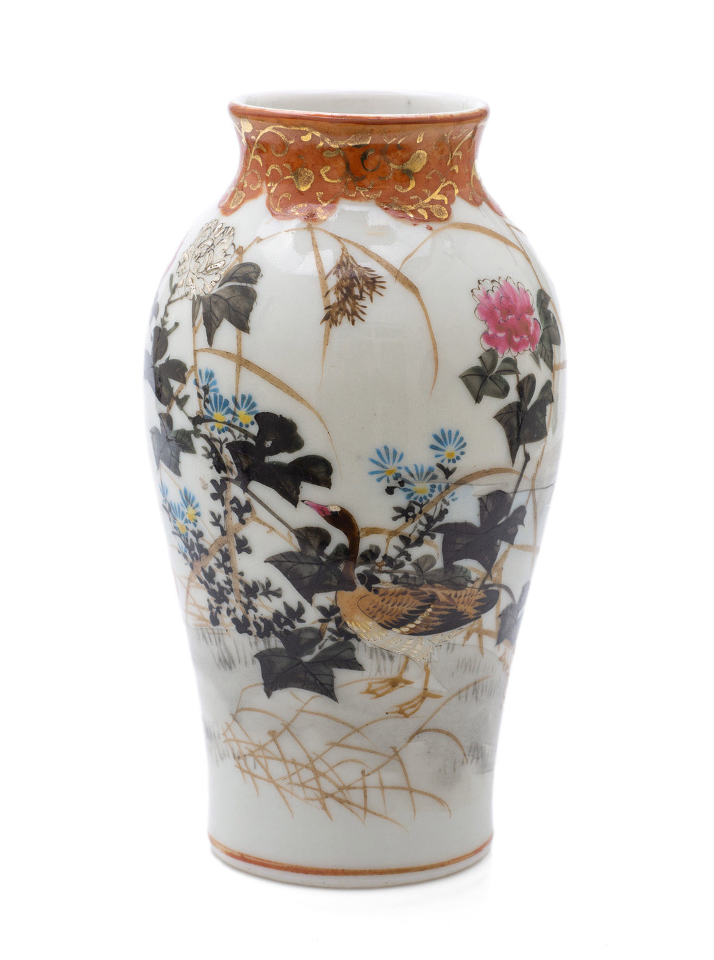 Antique Japanese Kutani Ware Porcelain Vase with Geese & Waterside Scene c1910 (Code 2491)