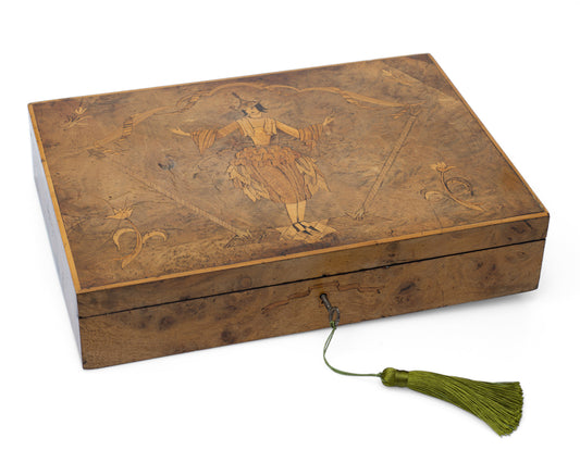 Antique Italian Olive Wood & Inlaid Lady Sorrento Ware Box with Lock c1920 (Code 2503)