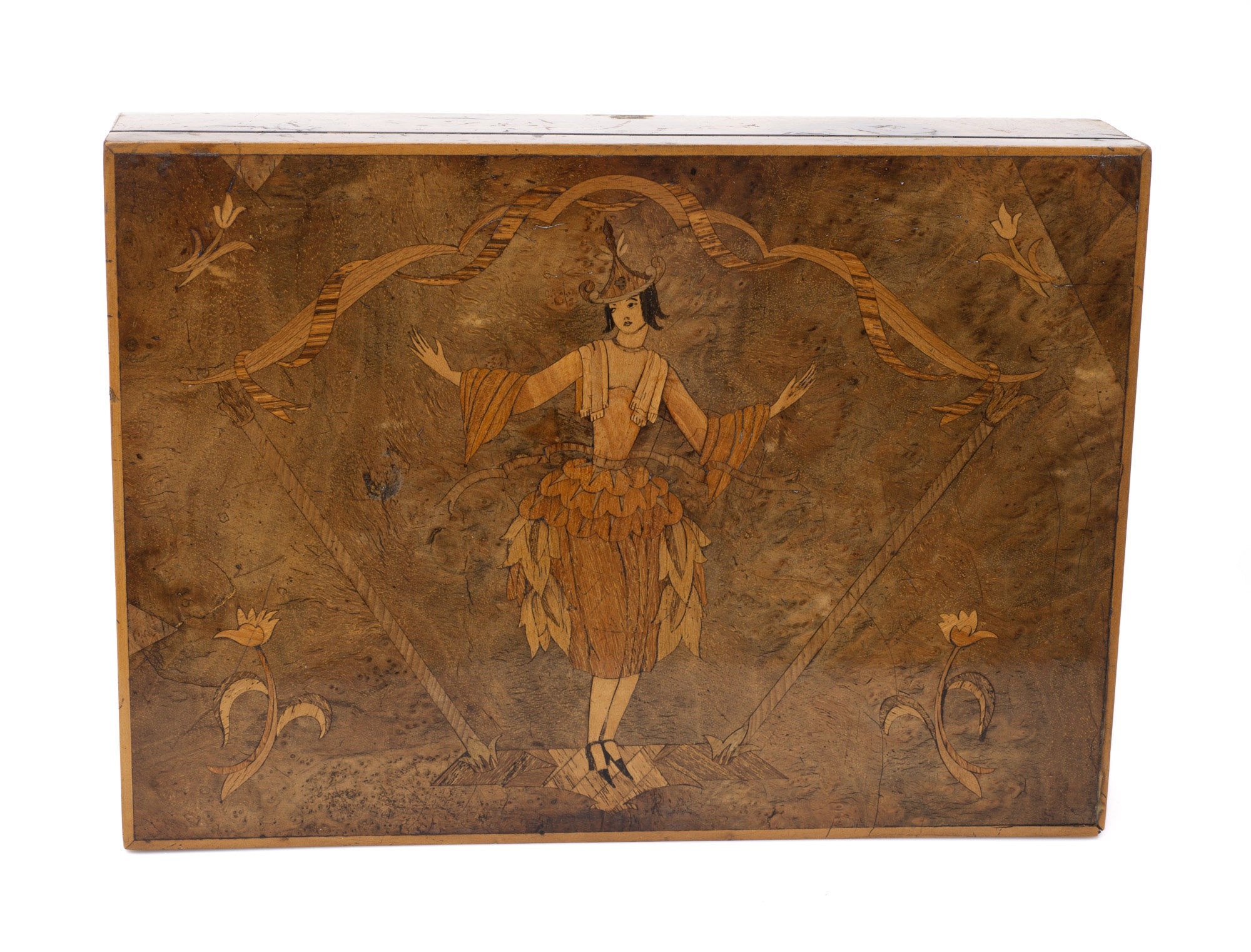 Antique Italian Olive Wood & Inlaid Lady Sorrento Ware Box with Lock c1920 (Code 2503)