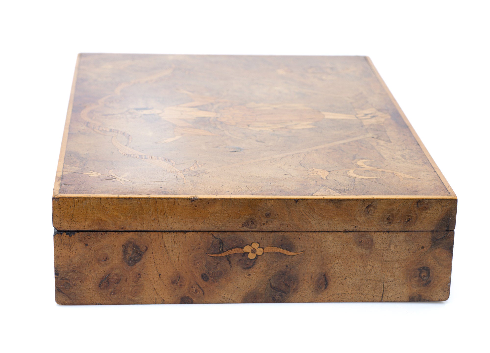 Antique Italian Olive Wood & Inlaid Lady Sorrento Ware Box with Lock c1920 (Code 2503)