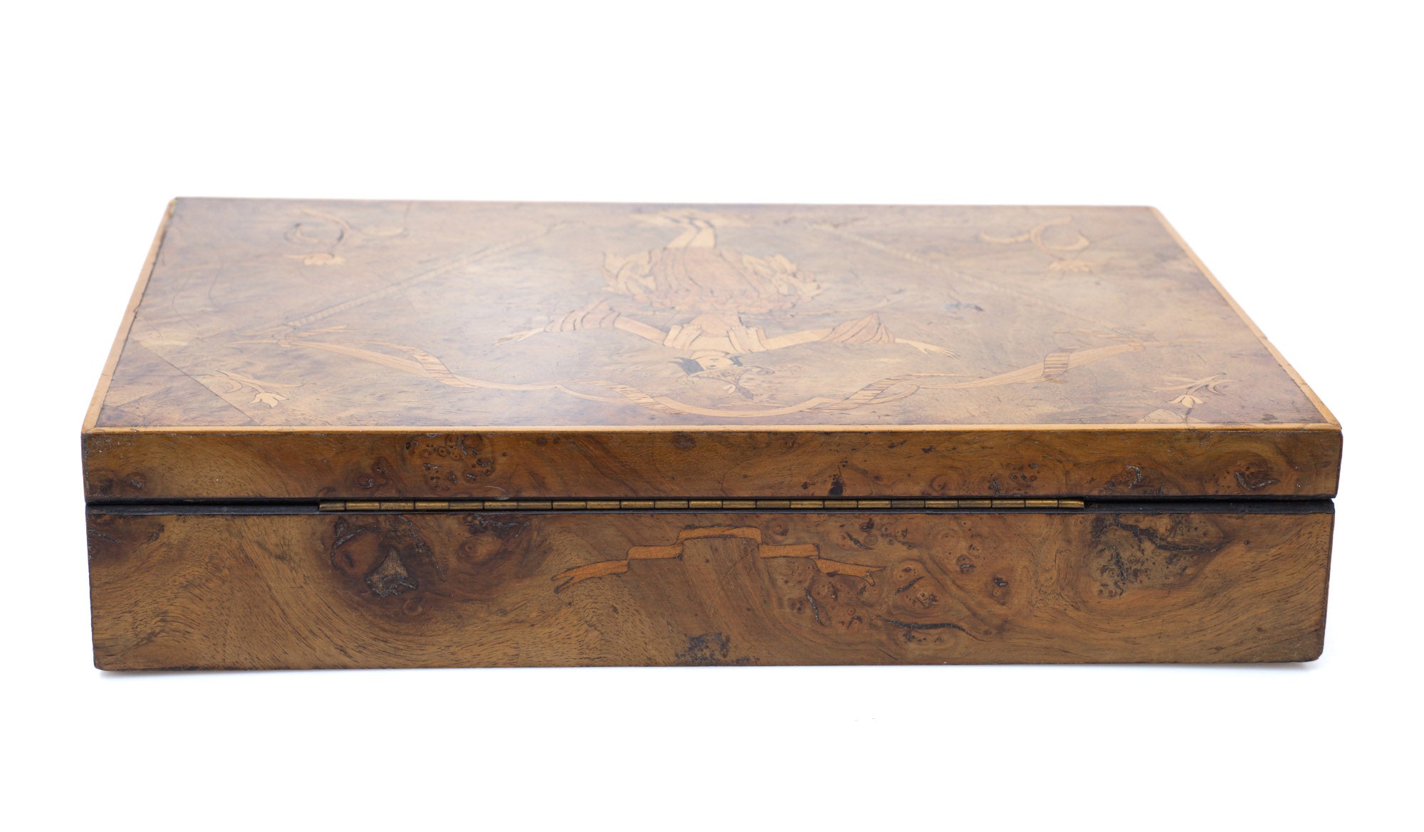 Antique Italian Olive Wood & Inlaid Lady Sorrento Ware Box with Lock c1920 (Code 2503)