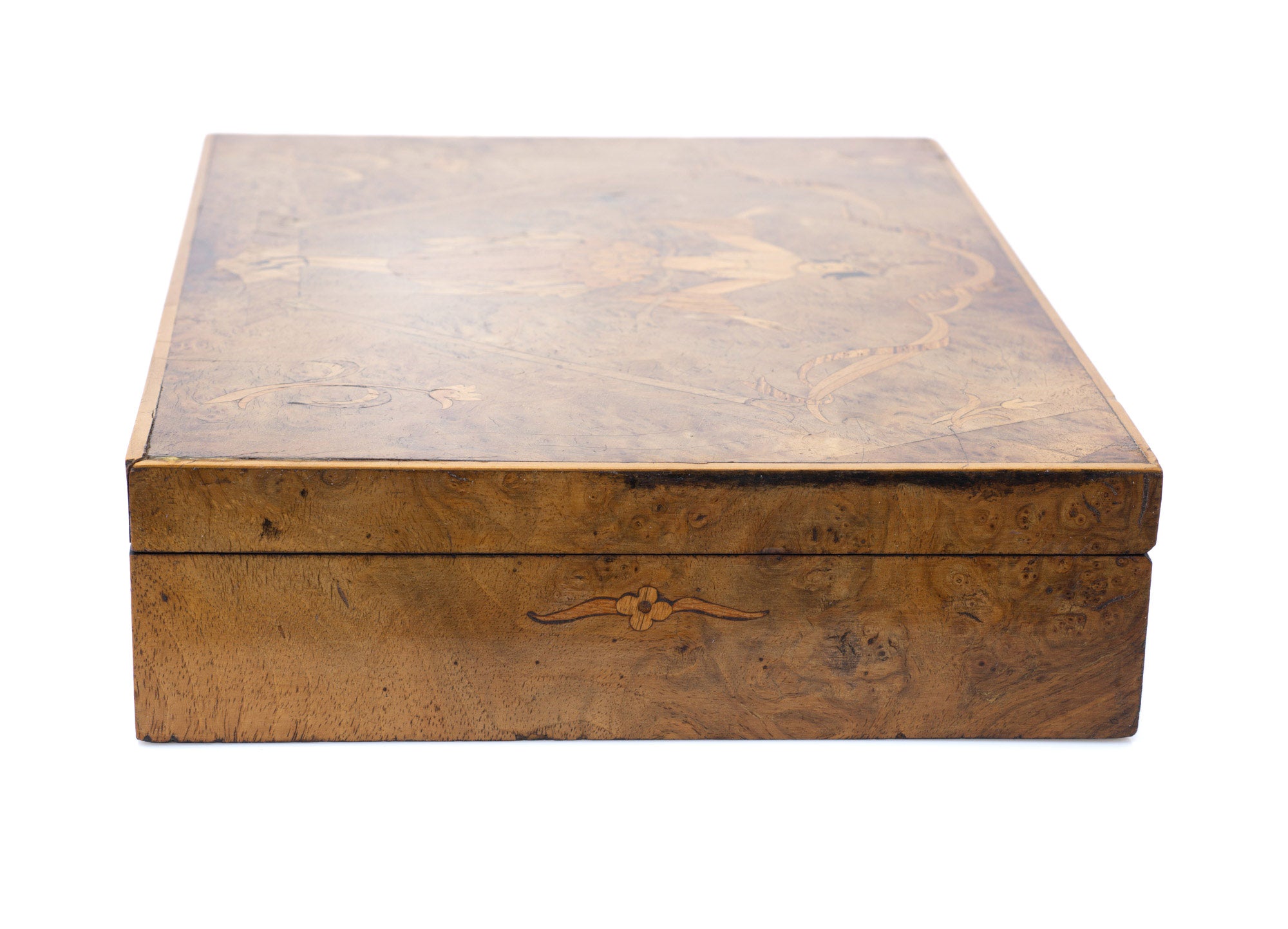 Antique Italian Olive Wood & Inlaid Lady Sorrento Ware Box with Lock c1920 (Code 2503)