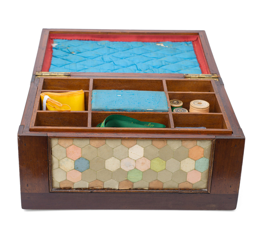 Antique Victorian Provincial Wood & Silk Patchwork Sewing / Work Box c1870 (Code 2504)