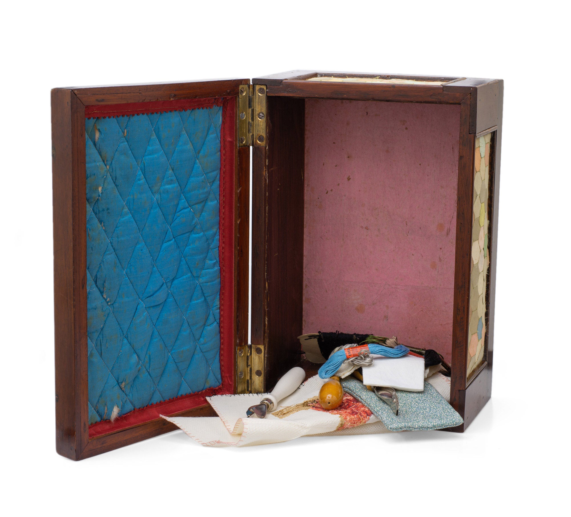 Antique Victorian Provincial Wood & Silk Patchwork Sewing / Work Box c1870 (Code 2504)