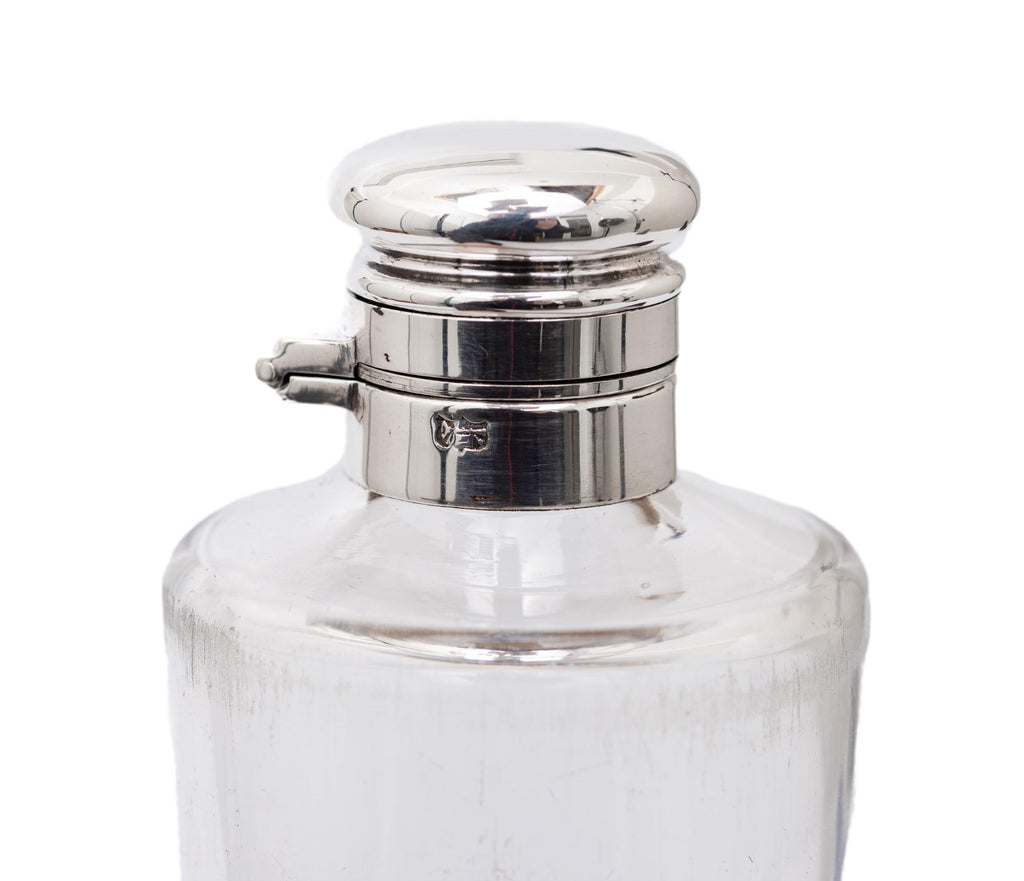 Antique James Dixon Silver, Glass & Leather Cased Saddle Flask of Tapered Form (Code 2505)