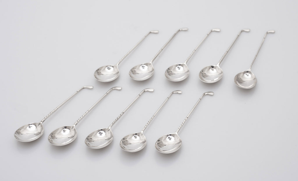 Set 10 Vintage Sterling Silver Coffee Spoons with Golf Club Golfing Handles (Code 2508)