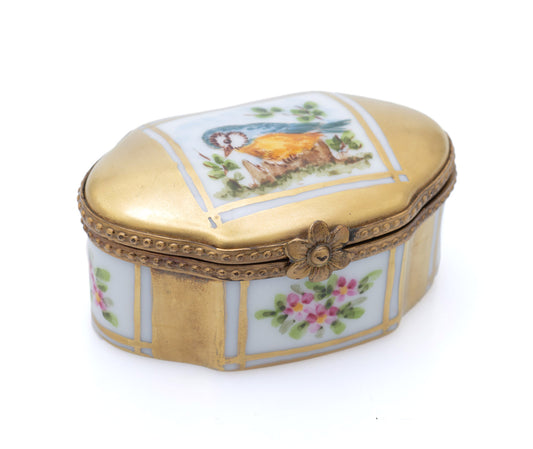 Vintage Limoges La Seynie Hand Painted Porcelain & Ormolu Blue Tit Trinket Box (Code 2510)