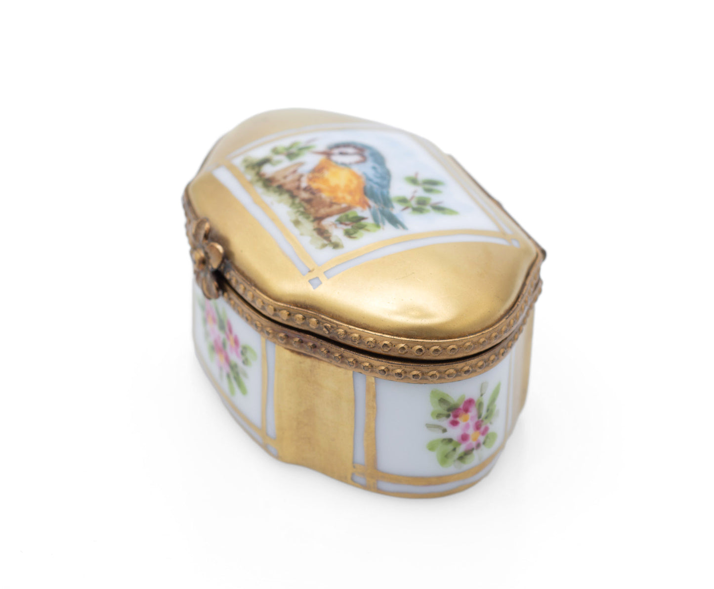 Vintage Limoges La Seynie Hand Painted Porcelain & Ormolu Blue Tit Trinket Box (Code 2510)