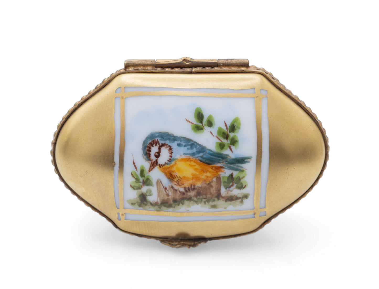 Vintage Limoges La Seynie Hand Painted Porcelain & Ormolu Blue Tit Trinket Box (Code 2510)