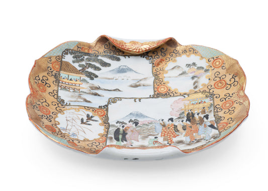Antique Japanese Kutani Ware Hand Painted Porcelain Rolled Edge Dish - Meiji (Code 2518)