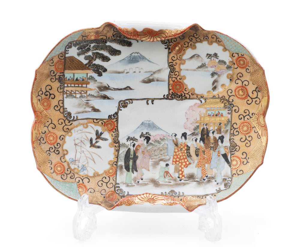 Antique Japanese Kutani Ware Hand Painted Porcelain Rolled Edge Dish - Meiji (Code 2518)