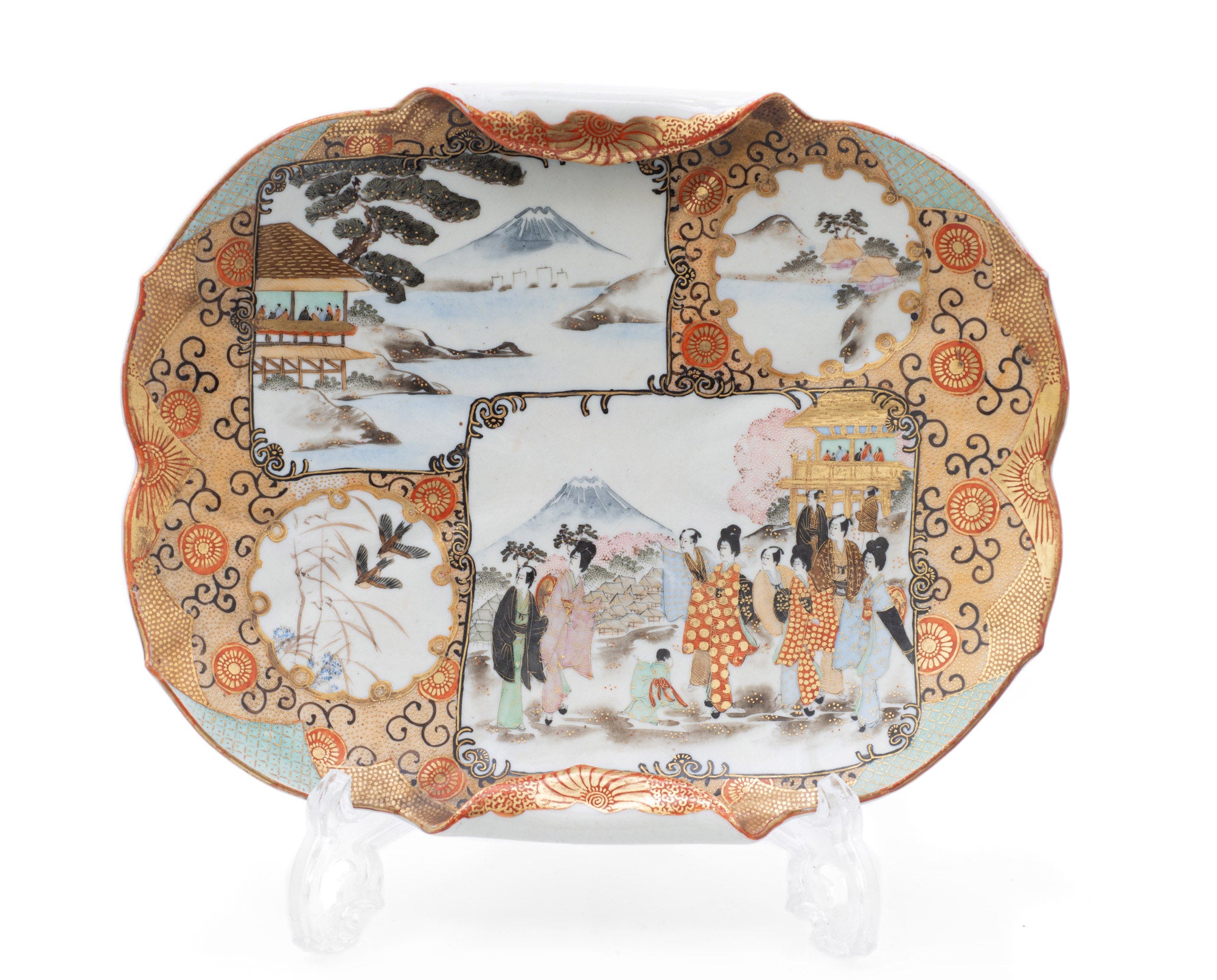 Antique Japanese Kutani Ware Hand Painted Porcelain Rolled Edge Dish - Meiji (Code 2518)