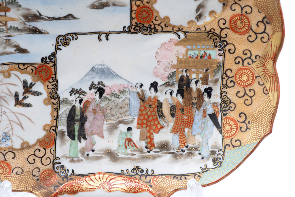 Antique Japanese Kutani Ware Hand Painted Porcelain Rolled Edge Dish - Meiji (Code 2518)