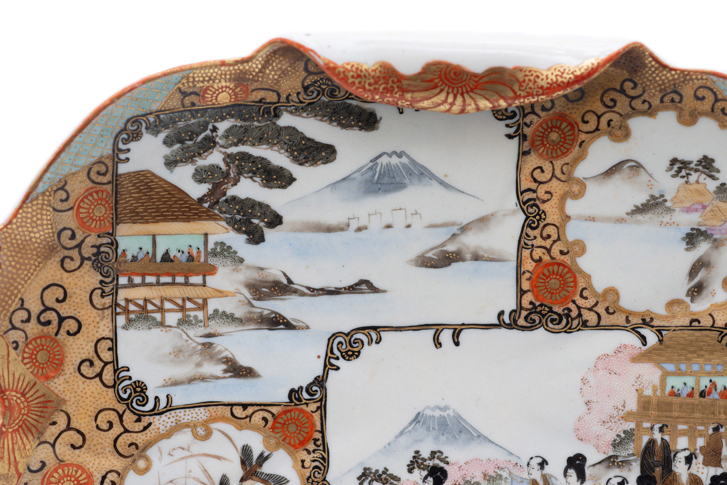 Antique Japanese Kutani Ware Hand Painted Porcelain Rolled Edge Dish - Meiji (Code 2518)