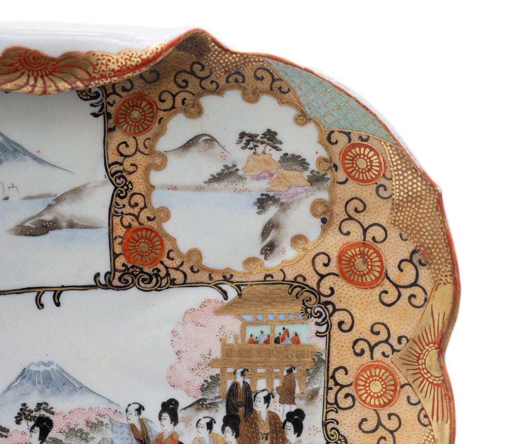 Antique Japanese Kutani Ware Hand Painted Porcelain Rolled Edge Dish - Meiji (Code 2518)