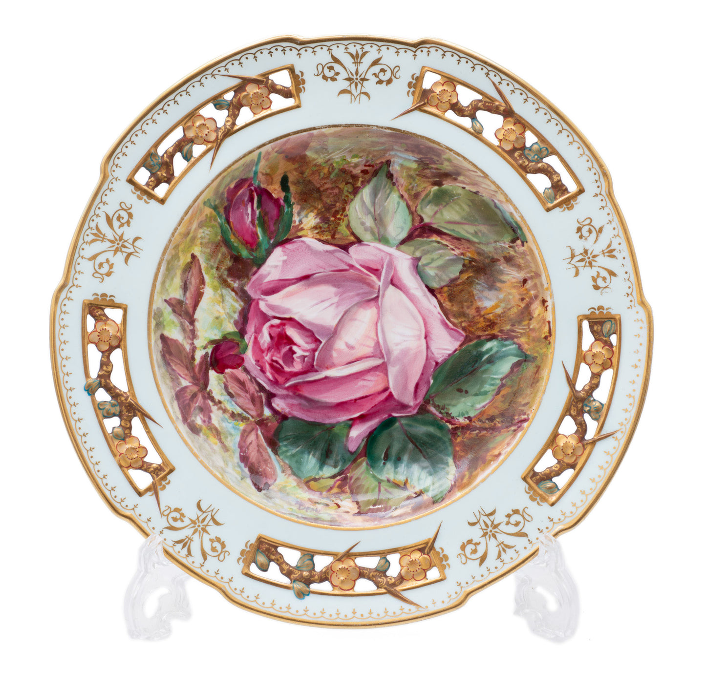 Antique Wedgwood Hand Painted & Pierced Aesthetic Plate with Rose by Dean c1880 (Code 2519)